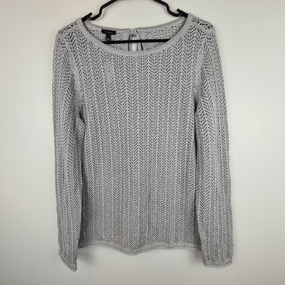 Talbots Tassel Tie Silver Sparkle Metallic Boatneck‎ Sweater Medium Women's NWT